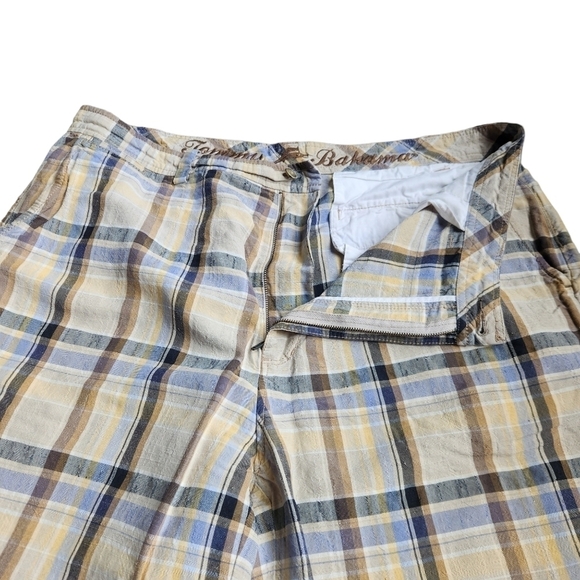 Tommy Bahama men's yellow blue black plaid linen silk blend shorts - Picture 3 of 9